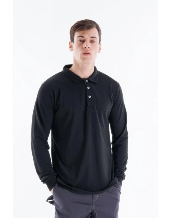 Regular Polo Pike Uzun Kol T-Shirt Siyah