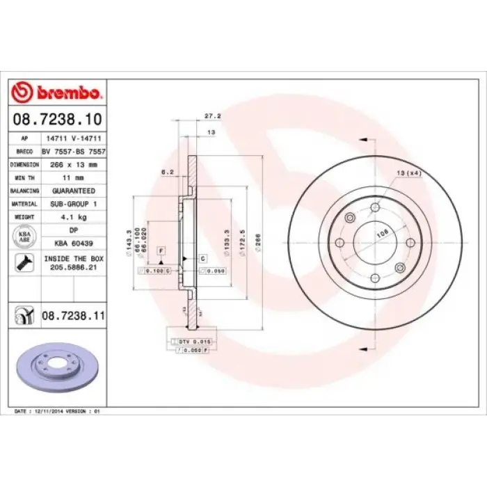 BREMBO 08723810 | Ön Disk Citroen C-Elysee C4 C3 I 12-