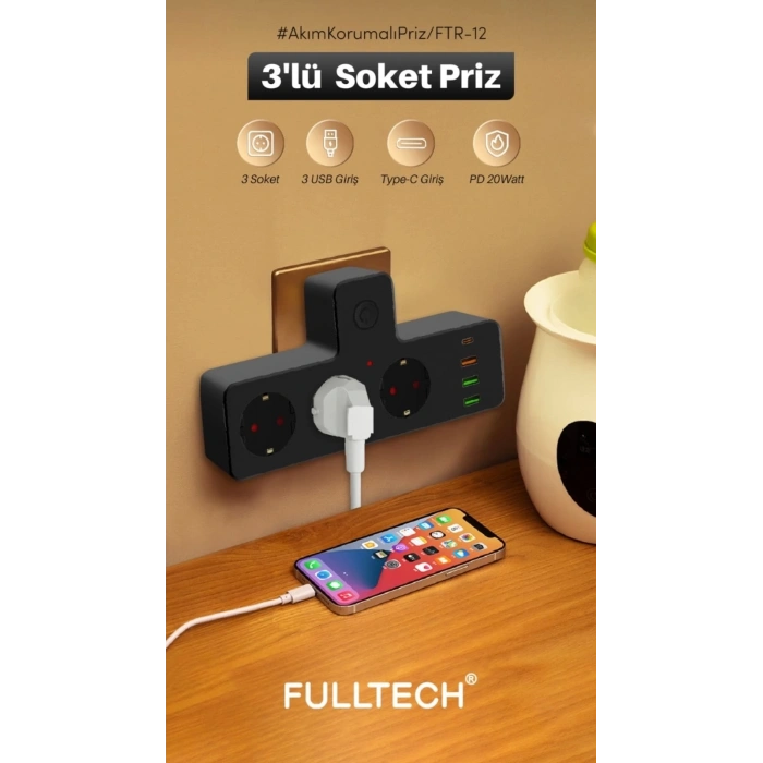 Ftr-12 Termal Akım Korumalı Isıya Dayanıklı 3’lü Priz 3x Usb 1x Type-c
