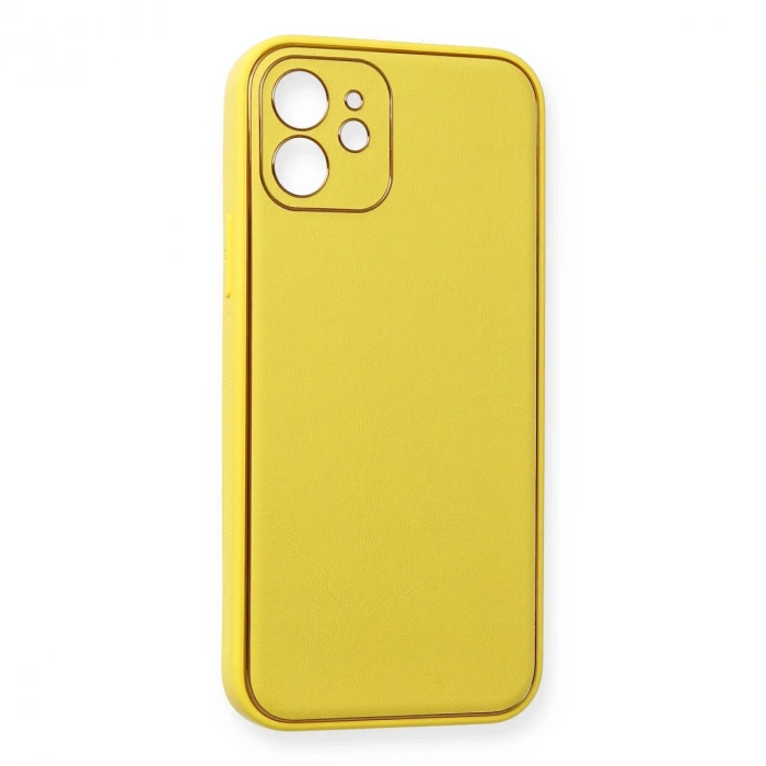 İphone 12 Kılıf Coco Deri Silikon Kapak - Sarı