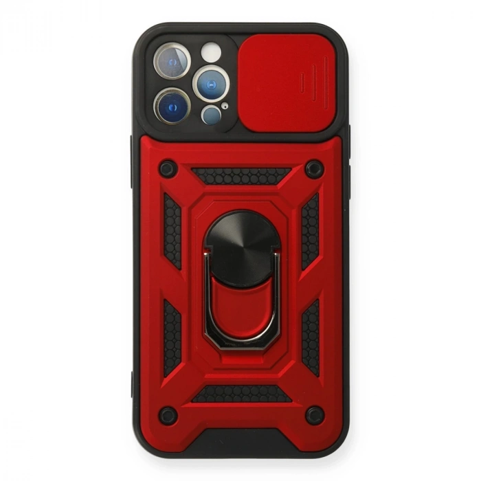 İphone 12 Pro Kılıf Pars Lens Yüzüklü Silikon - Kırmızı