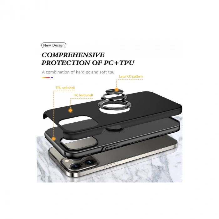 İphone 13 Pro Max Kılıf Elit Yüzüklü Kapak - Siyah