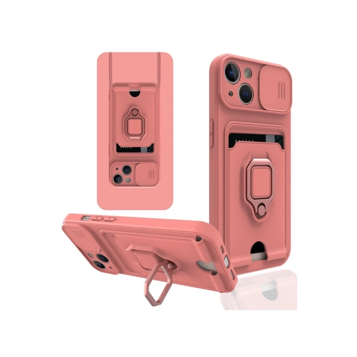 İphone 14 Kılıf Zuma Kartvizitli Yüzüklü Silikon - Pembe
