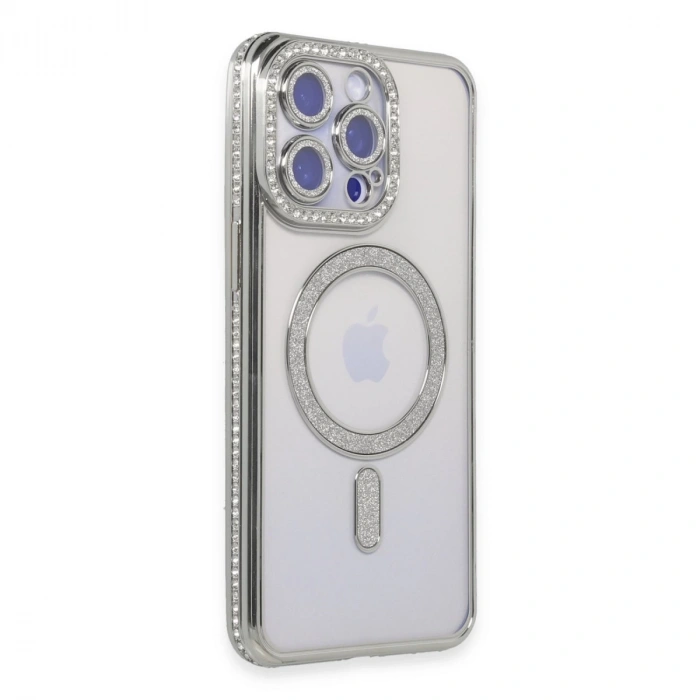 İphone 14 Pro Max Kılıf Joke Simli Magneticsafe Kılıf - Gümüş