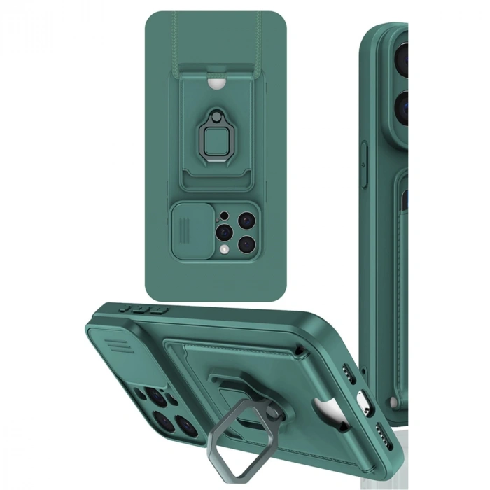 İphone 15 Pro Kılıf Zuma Kartvizitli Yüzüklü Silikon - Yeşil