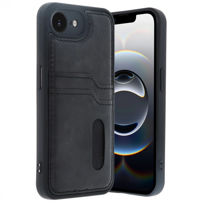 İphone 16e Kılıf Sara Kartvizitli Deri Kılıf - Siyah