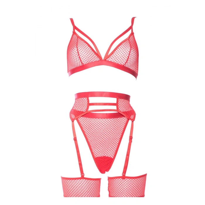 Kırmızı Fantezi File Jartiyer Takım - 1036