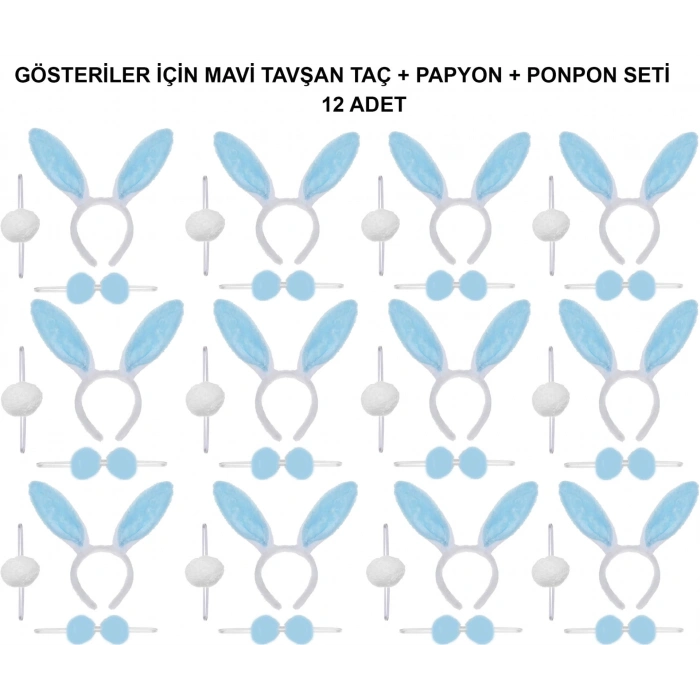Mavi Tavşan Kostüm Seti – Taç, Papyon, Ponpon (12’li Paket)