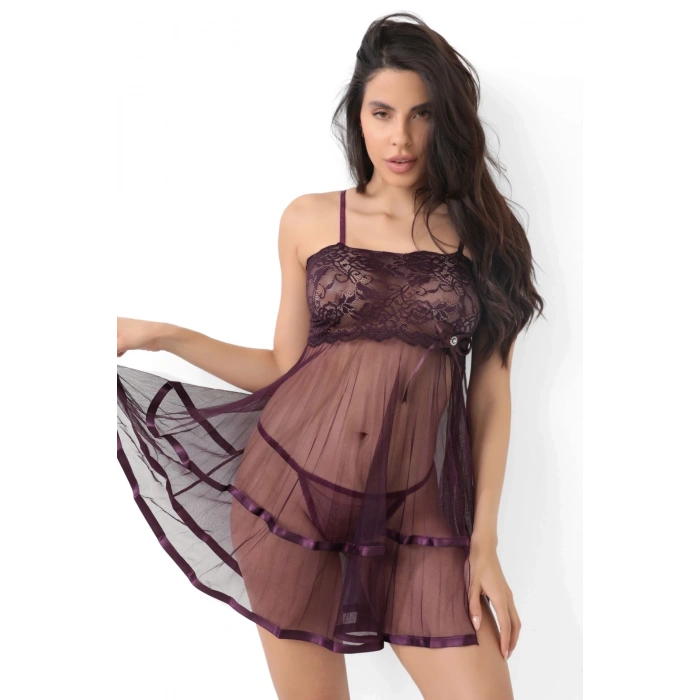 Mor Şifon Pileli Gecelik-835