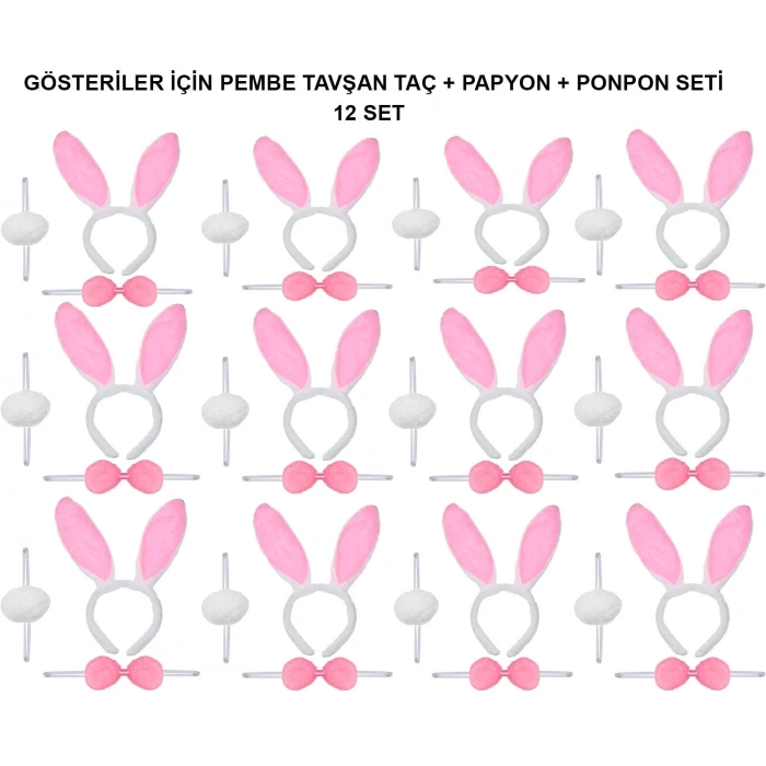 Pembe Tavşan Kostüm Seti – Taç, Papyon, Ponpon (12’li Paket)