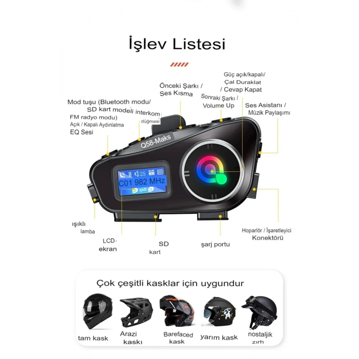 Q58-max Radyolu 2 Kişi Bağlantılı Bluetooth Kask Kulaklık Ekranlı Fenerli Müzik Ve Telsiz Intercom