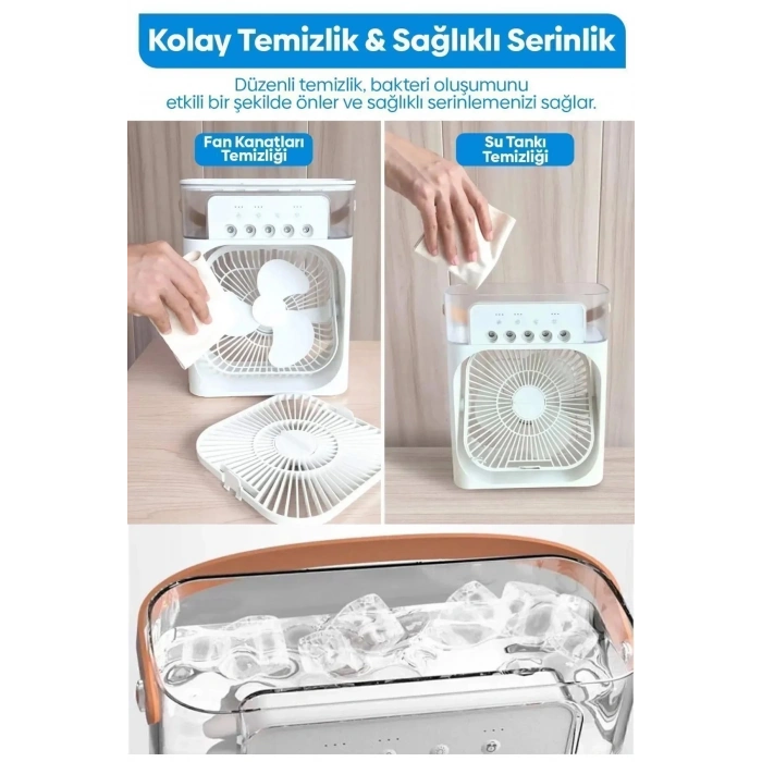 Taşınabilir Işıklı 5 Spreyli Vantilatör Buzlu Buharlı Vantilatör Mini Fan Nemlendirici