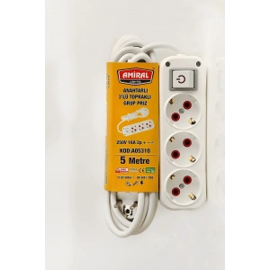 Amiral 3 Lü Topraklı Anahtarlı 5 Metre Kablolu Grup Priz