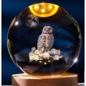 Dekoratif Baykuş Tasarımlı Ahşap Altlıklı Işıklı Cam Küre Büyük Boy 8cm