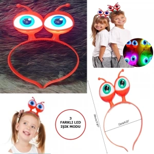 Led Işıklı  Pilli 3 Farklı Modda Yanan Uzaylı Göz Parti Tacı Kırmızı Renk 18x12 Cm