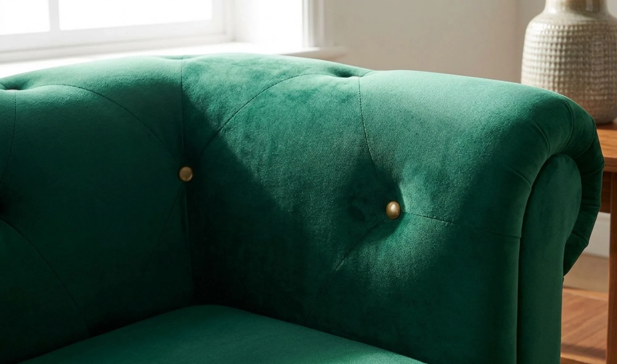 Zengin zümrüt yeşili kadife kaplı chesterfield kanepe