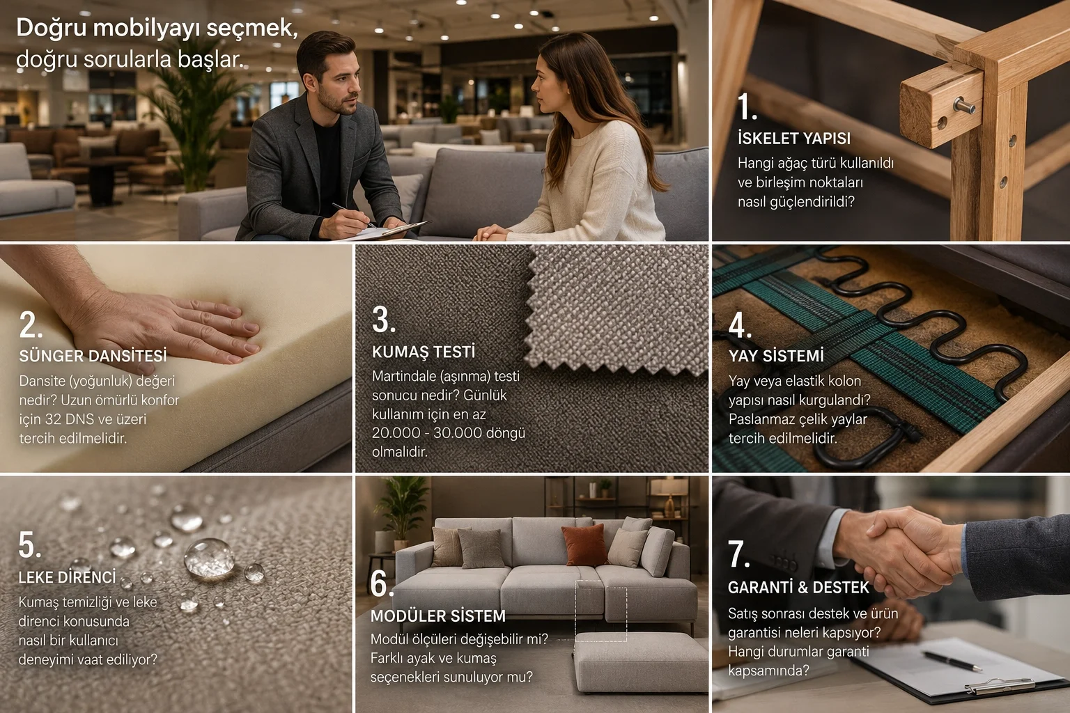 Mobilya showroomunda koltuk seçimi yapan müşteri ve satış danışmanı