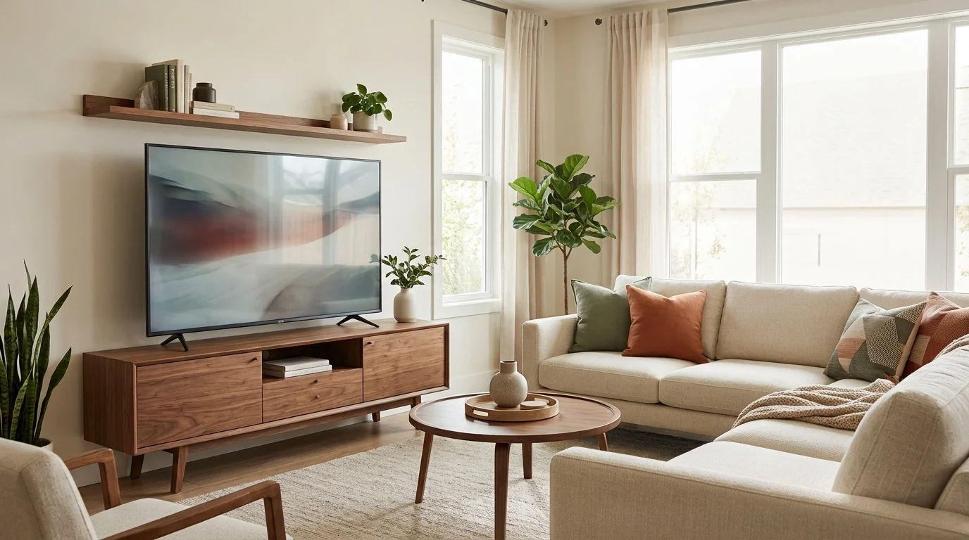 TV Ünitesi ve Koltuk Takımı Uyumu Açık renk L köşe koltuk takımı ve ahşap TV ünitesi ile modern salon dekorasyonu
