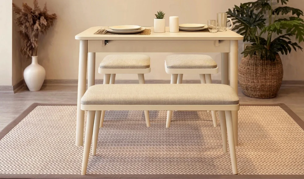 Rondo Mini Açılır Mutfak Masası Takımı - Sedef Krem Krem Renk