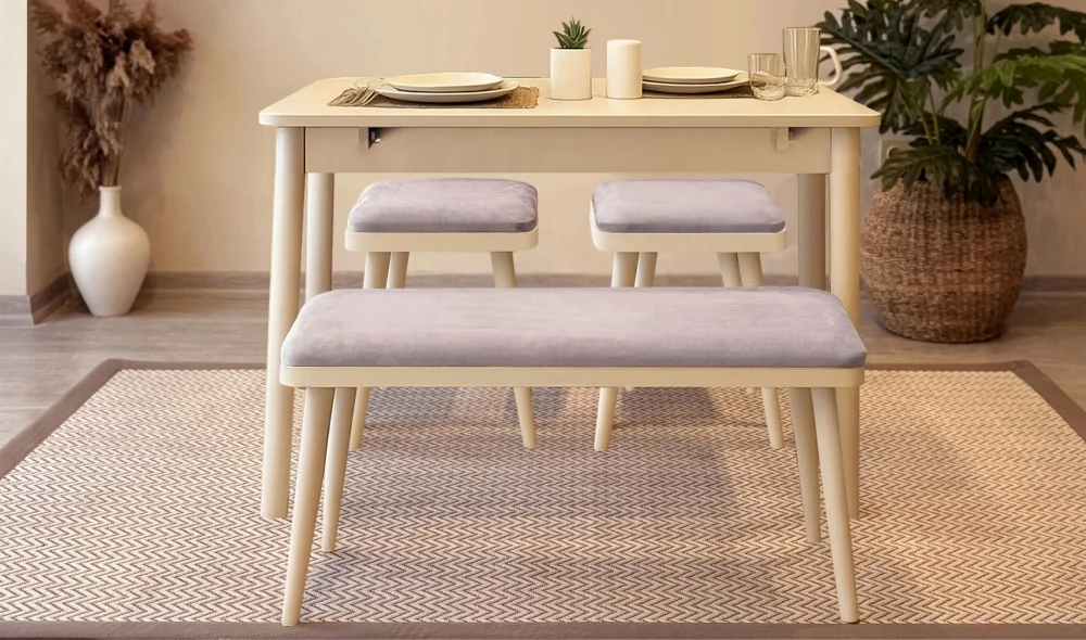 Rondo Mini Açılır Mutfak Masası Takımı - Sedef Krem Gri Renk