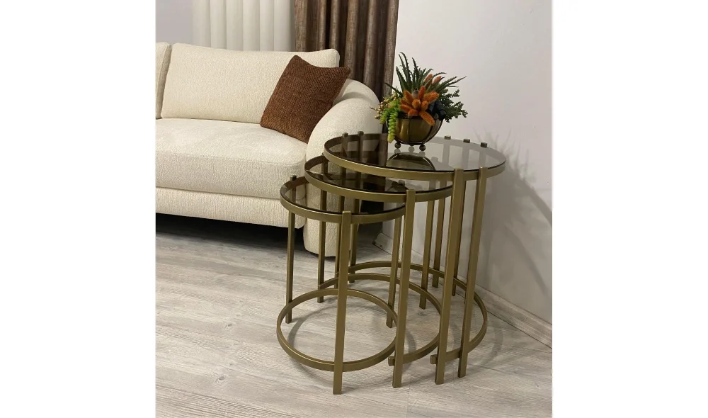 Oliva 3lü Gold Zigon Sehpa - Cam Tablalı