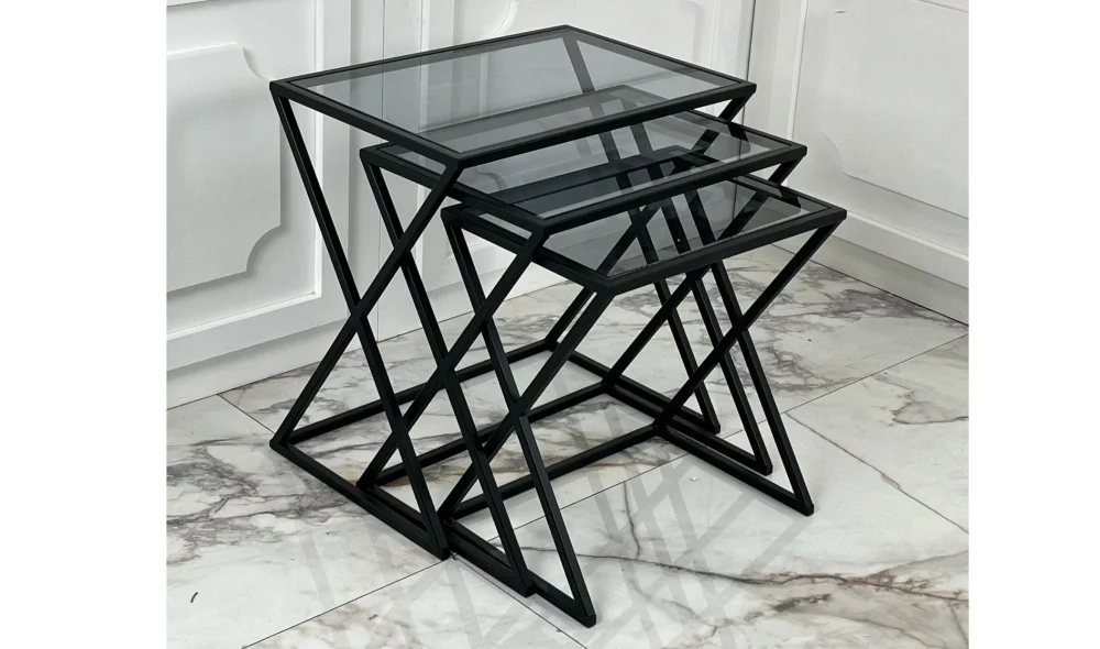 X 3lü Siyah Zigon Sehpa - Cam Tablalı