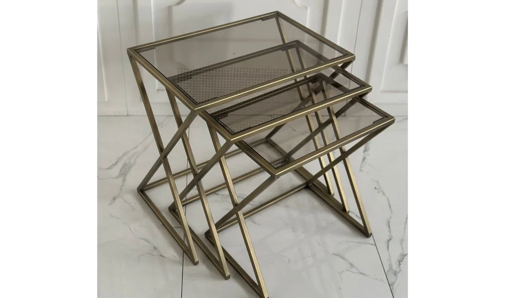 X 3lü Gold Zigon Sehpa - Cam Tablalı