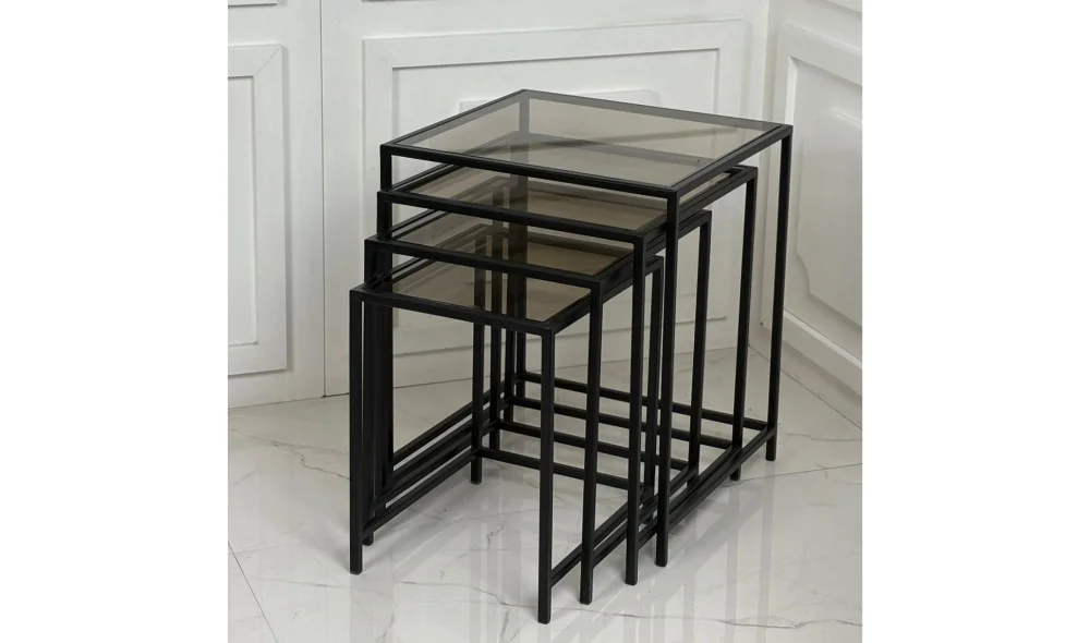 Trio Siyah 4lü Zigon Sehpa - Cam Tablalı