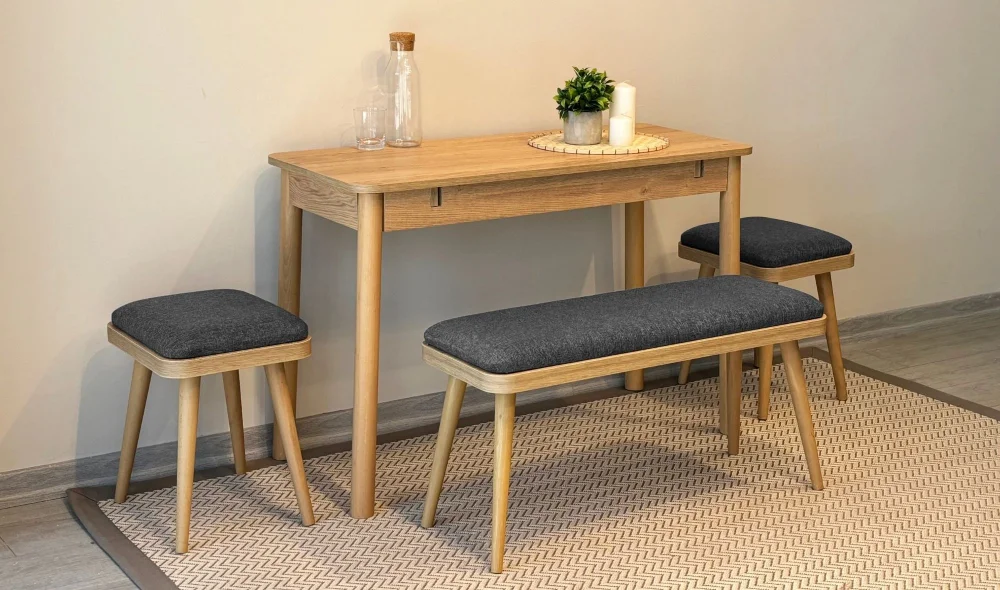 Rondo Mini Açılır Mutfak Masası Takımı - Karina Meşe Antrasit Renk