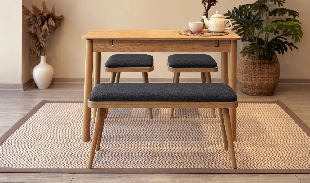 Rondo Mini Açılır Mutfak Masası Takımı - Karina Meşe Antrasit Renk