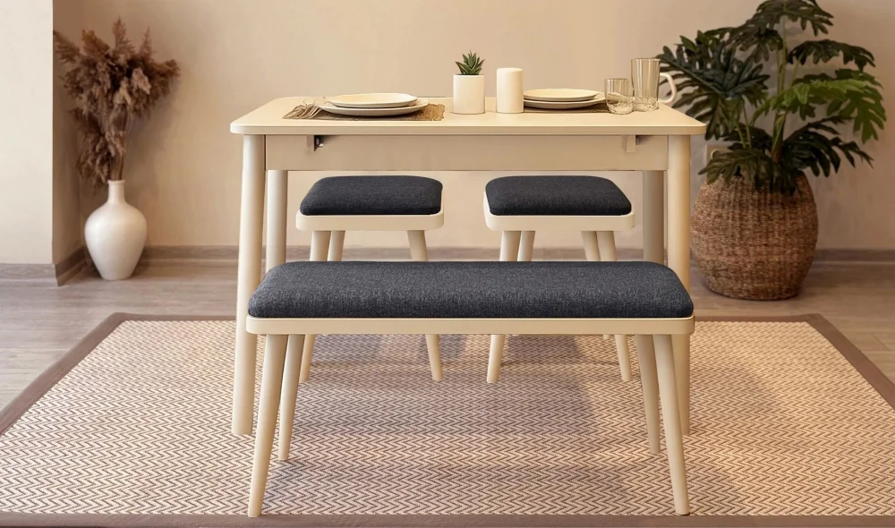 Rondo Mini Açılır Mutfak Masası Takımı - Sedef Krem Antrasit Renk