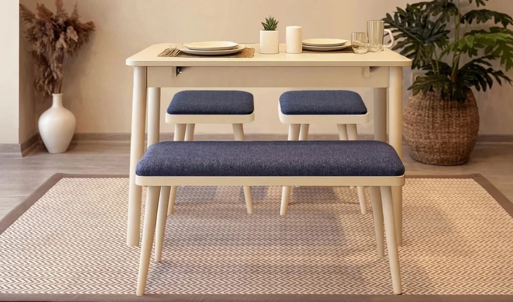 Rondo Mini Açılır Mutfak Masası Takımı - Sedef Krem Lacivert Renk