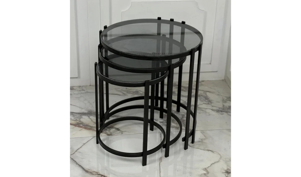 Oliva 3lü Siyah Zigon Sehpa - Cam Tablalı