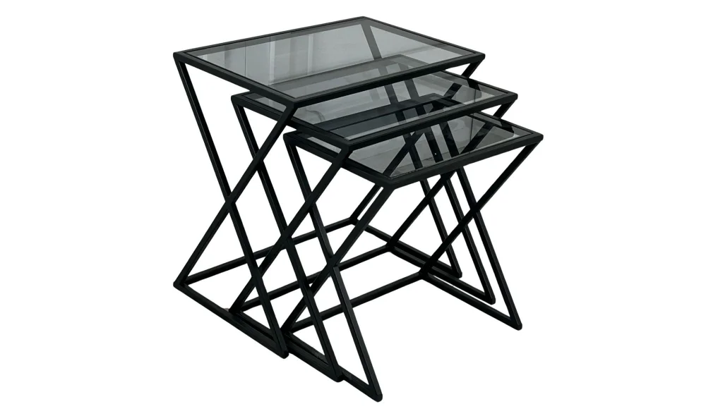 X 3lü Siyah Zigon Sehpa - Cam Tablalı