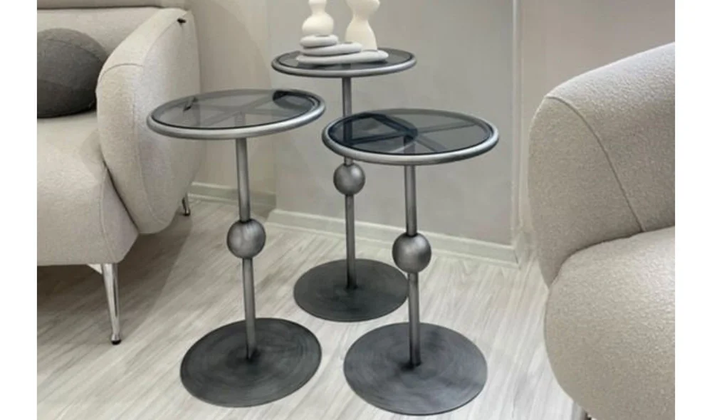 Art Eskitme Gümüş Zigon Sehpa - Cam Tablalı