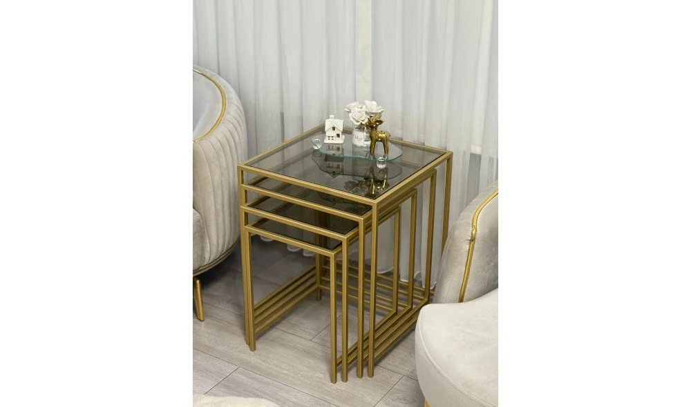Trio Gold 4lü Zigon Sehpa - Cam Tablalı