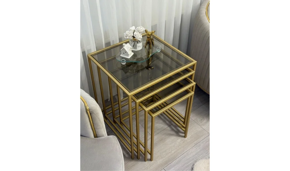 Trio Gold 4lü Zigon Sehpa - Cam Tablalı