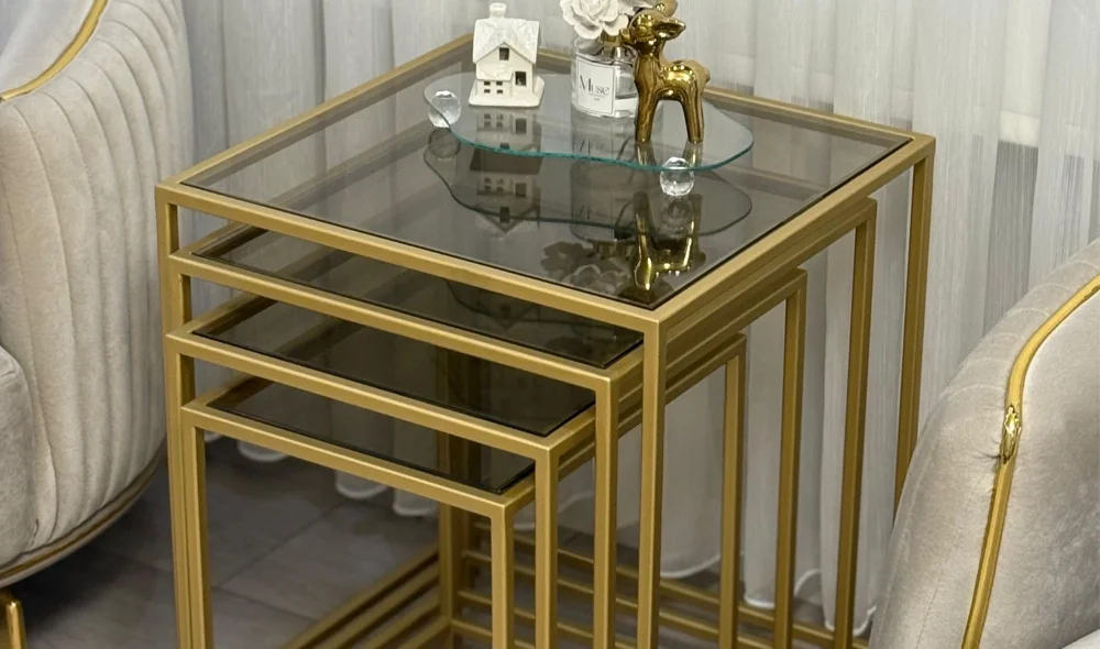 Trio Gold 4lü Zigon Sehpa - Cam Tablalı