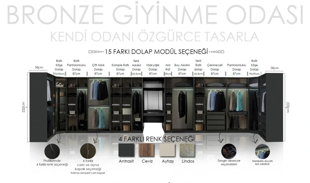 Bronze Antrasit 6 Kapaklı Gardrop