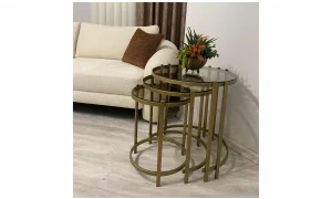 Oliva 3lü Gold Zigon Sehpa - Cam Tablalı