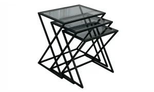 X 3lü Siyah Zigon Sehpa - Cam Tablalı