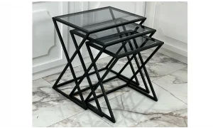 X 3lü Siyah Zigon Sehpa - Cam Tablalı