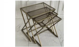 X 3lü Gold Zigon Sehpa - Cam Tablalı