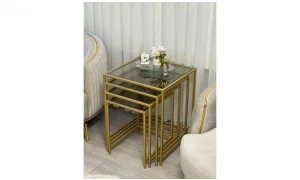 Trio Gold 4lü Zigon Sehpa - Cam Tablalı