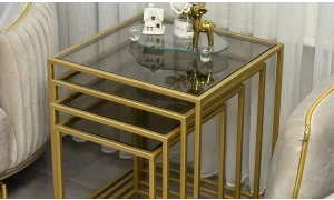 Trio Gold 4lü Zigon Sehpa - Cam Tablalı