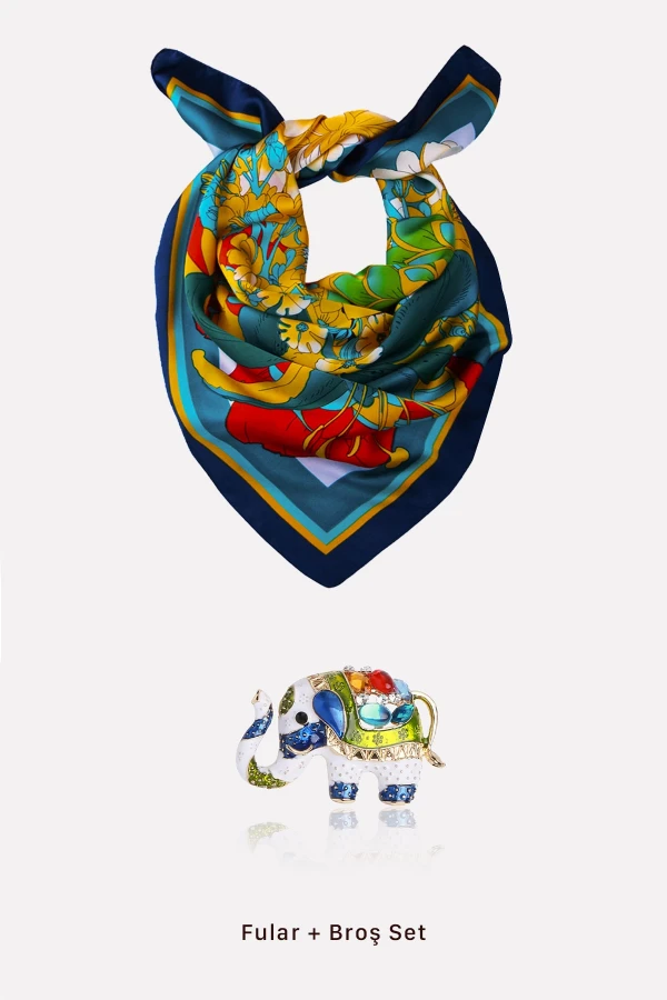 Çiçek Desenli Fular ve Fil Broş Hediye Seti