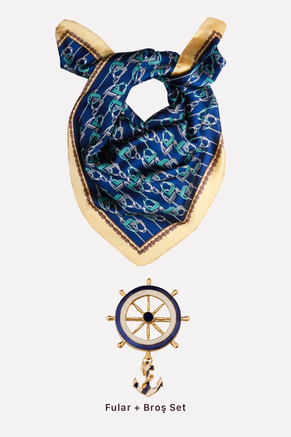 Denizci Dümen Çapa Fular ve Broş Seti