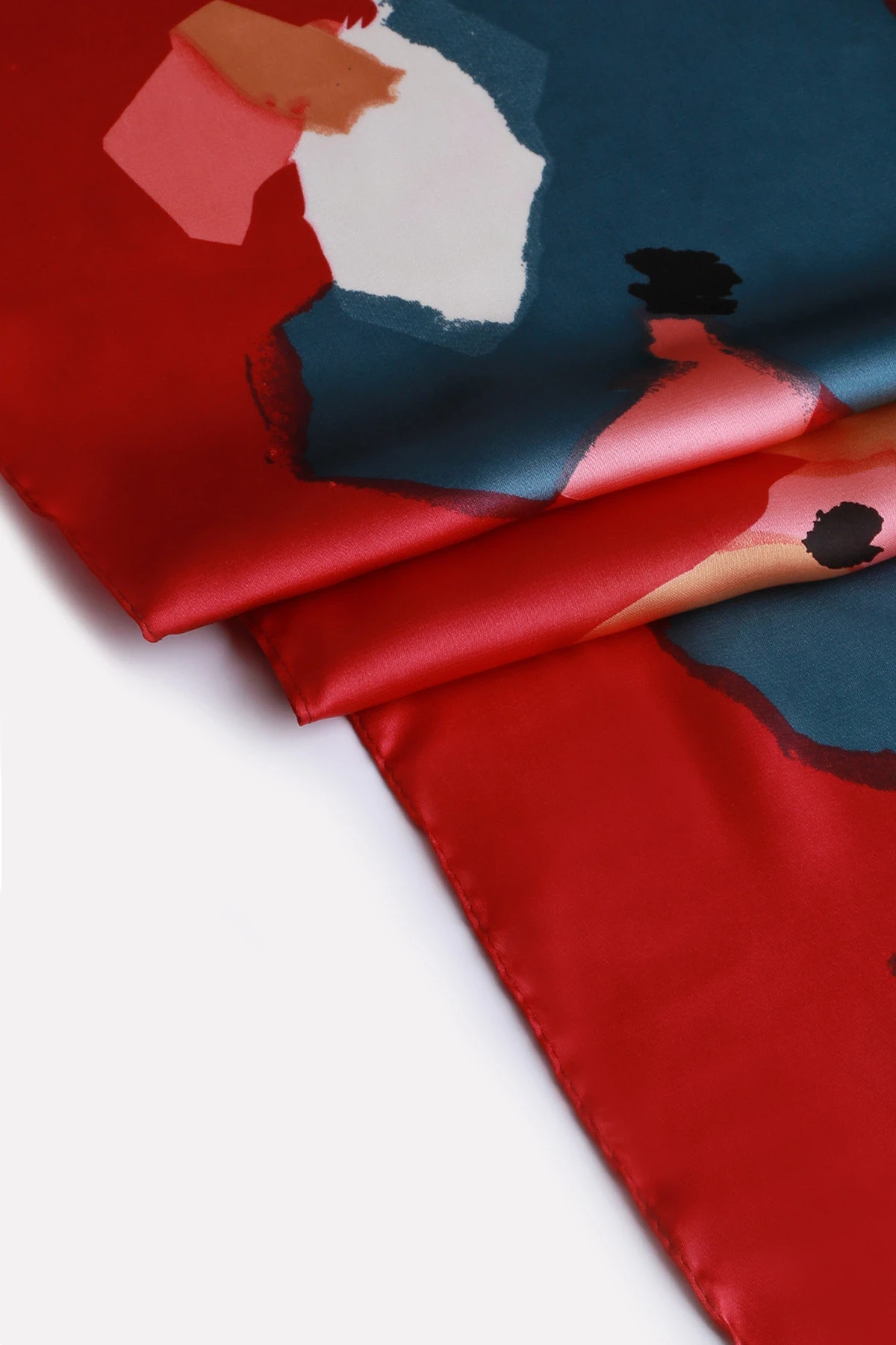 Bordo Mavi Soyut Çiçek Desenli Fular