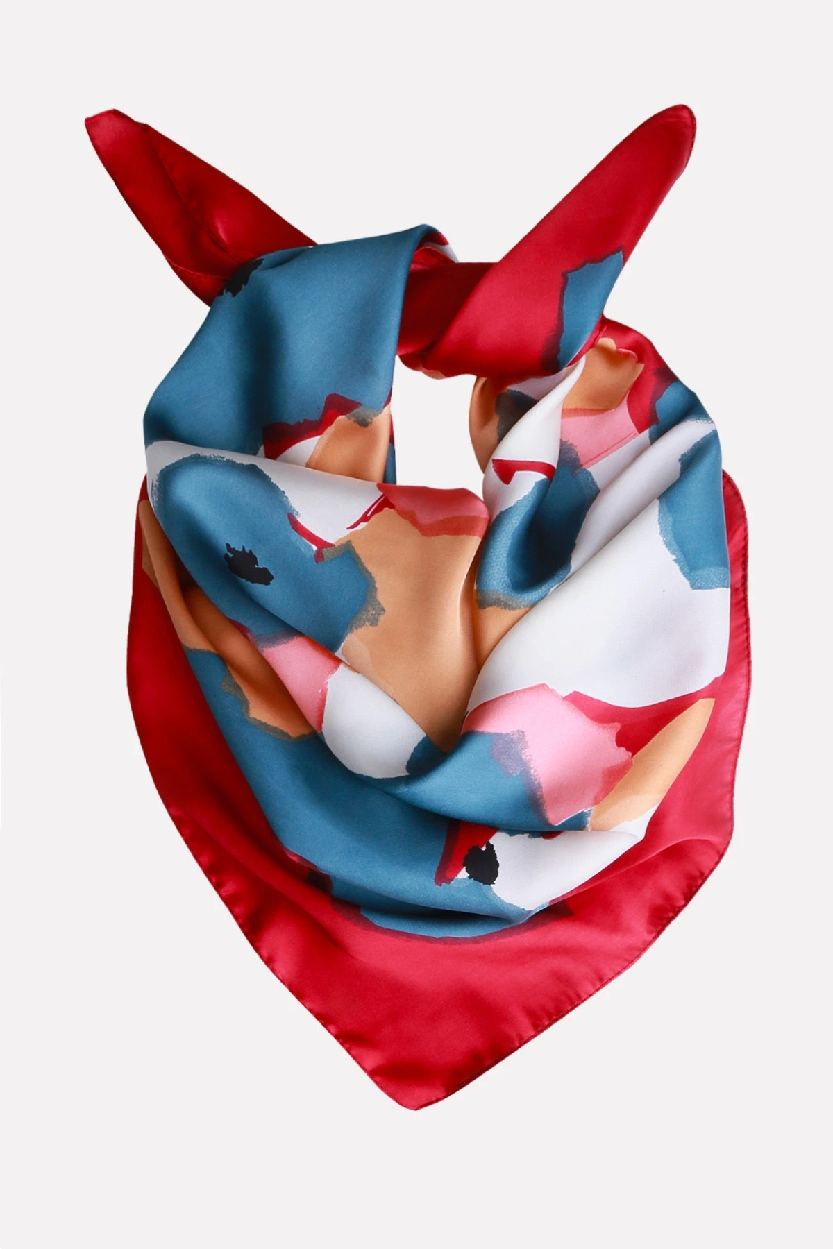 Bordo Mavi Soyut Çiçek Desenli Fular