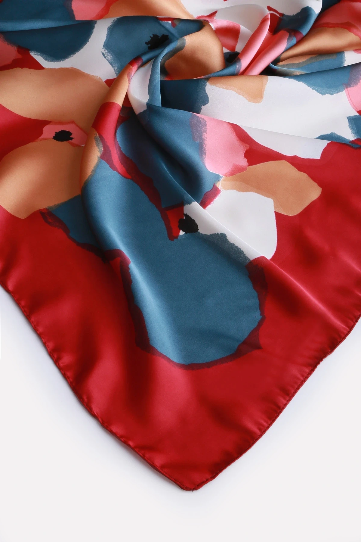 Bordo Mavi Soyut Çiçek Desenli Fular